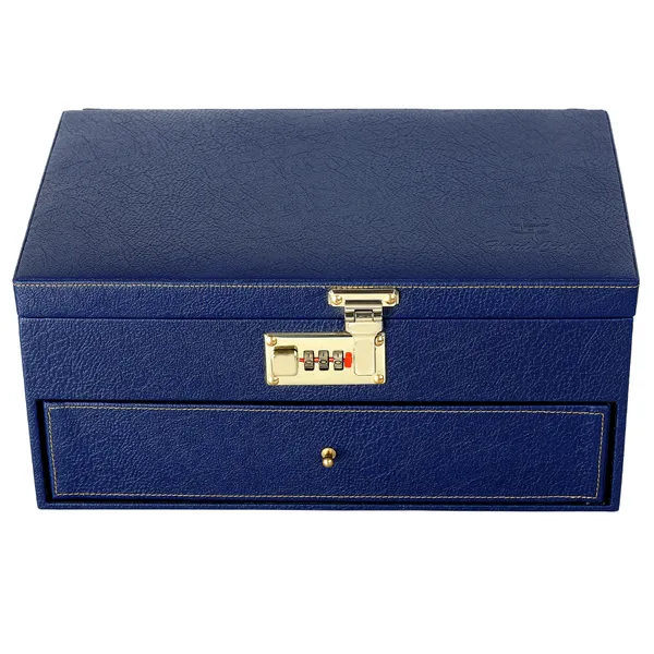 Watch_Box_Organizer_Holder_Jewelry_Accessories_Display_Storage_Case_Watch_Organiser_Collection_Box_10_Slots_And_Drawer_With_3_Digit_Combination_Lock_In_PU_Leather_For_Men_Women_Blue_Color