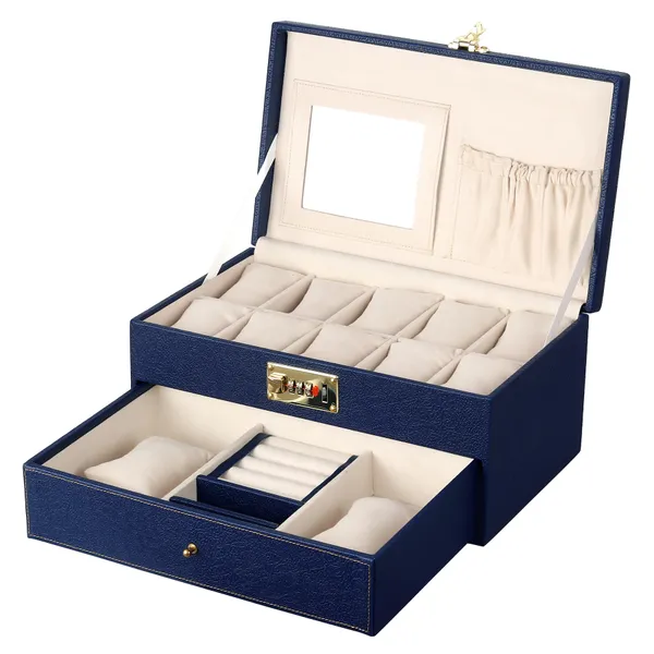 Watch_Box_Organizer_Holder_Jewelry_Accessories_Display_Storage_Case_Watch_Organiser_Collection_Box_10_Slots_And_Drawer_With_3_Digit_Combination_Lock_In_PU_Leather_For_Men_Women_Blue_Color
