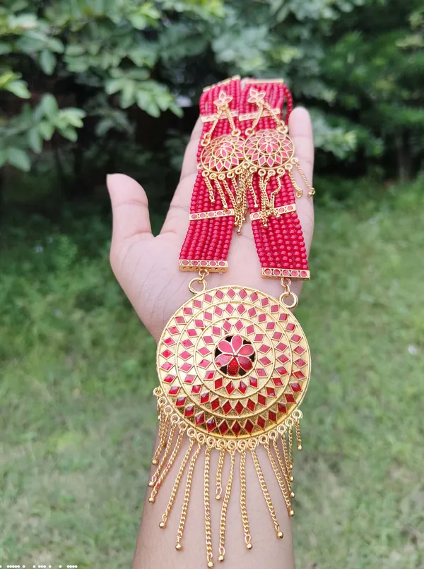 Assamese_Traditional_Gold_Plated_Red_Colour_Japi_Tassel_Jewellery_Set_For_Women_&_Girl