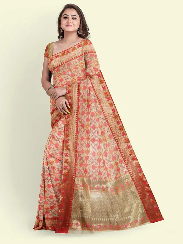 Beige_Cotton_Blend_Banarasi_Sarees_For_Women