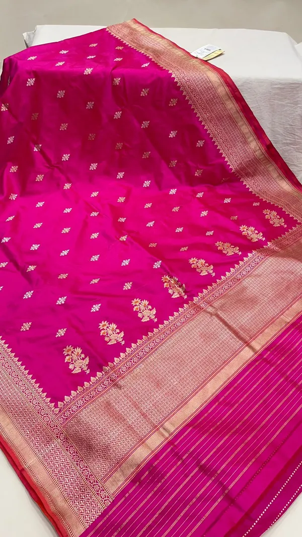 Humairah_Pure_Handloom_Katan_Silk_Pink_Gold_&_Silver_Kadhwa_Swastik_Booti_with_Kadhwa_Zari_Border_and_Pink_Stripe_Blouse