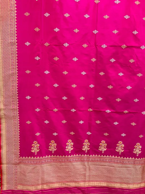 Humairah_Pure_Handloom_Katan_Silk_Pink_Gold_&_Silver_Kadhwa_Swastik_Booti_with_Kadhwa_Zari_Border_and_Pink_Stripe_Blouse