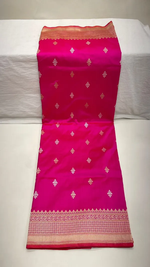 Humairah_Pure_Handloom_Katan_Silk_Pink_Gold_&_Silver_Kadhwa_Swastik_Booti_with_Kadhwa_Zari_Border_and_Pink_Stripe_Blouse