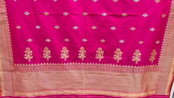 Humairah_Pure_Handloom_Katan_Silk_Pink_Gold_&_Silver_Kadhwa_Swastik_Booti_with_Kadhwa_Zari_Border_and_Pink_Stripe_Blouse