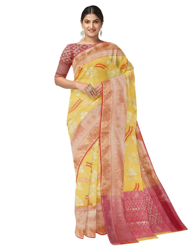 Yellow_Mulberry_Silk/Silk_Blend_Banarasi_Sarees_For_Women