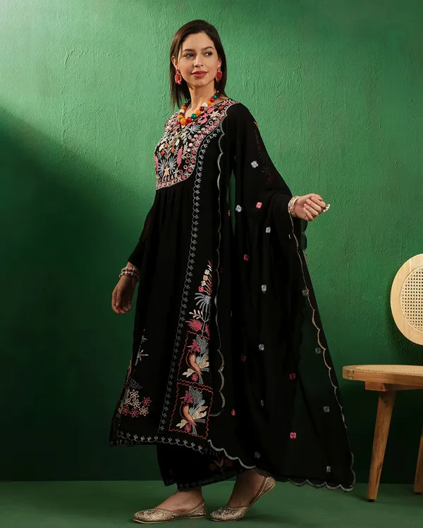 Black_Georgette_Mirror_Work_Embroidered_Kurta_With_Palazzo_And_Dupatta_Set_For_Women
