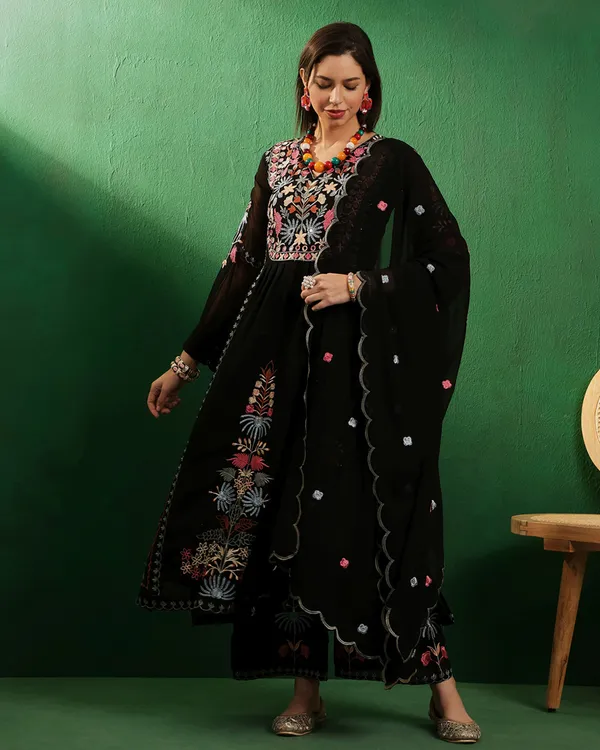 Black_Georgette_Mirror_Work_Embroidered_Kurta_With_Palazzo_And_Dupatta_Set_For_Women