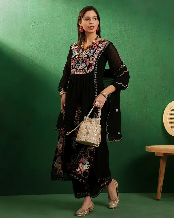 Black_Georgette_Mirror_Work_Embroidered_Kurta_With_Palazzo_And_Dupatta_Set_For_Women