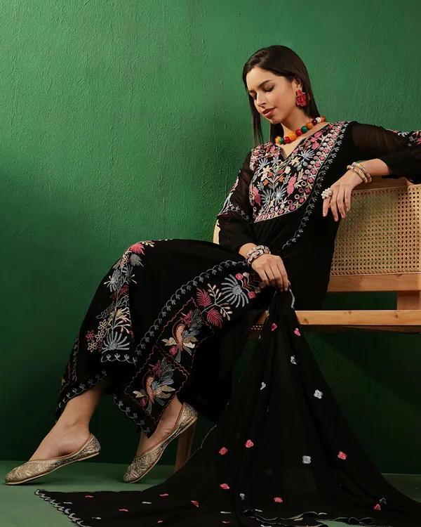 Black_Georgette_Mirror_Work_Embroidered_Kurta_With_Palazzo_And_Dupatta_Set_For_Women