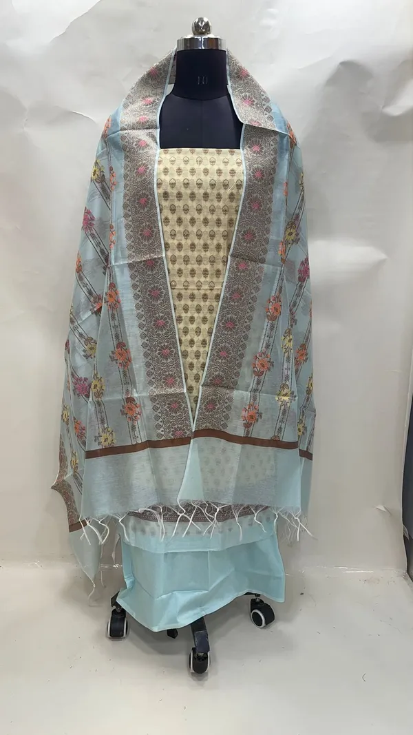 Humairah_Present_Yellow_Cotton_Resham_Zari_Jaal_3pcs_Suit_Set_accompanied_with_Plain_Bottom_and_Top_Resham_Zari_Jaal_with_Yellow_Flower_Boota_Dupatta