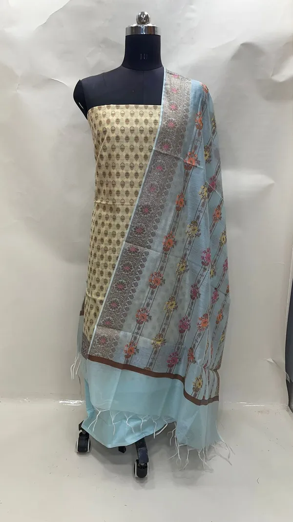 Humairah_Present_Yellow_Cotton_Resham_Zari_Jaal_3pcs_Suit_Set_accompanied_with_Plain_Bottom_and_Top_Resham_Zari_Jaal_with_Yellow_Flower_Boota_Dupatta