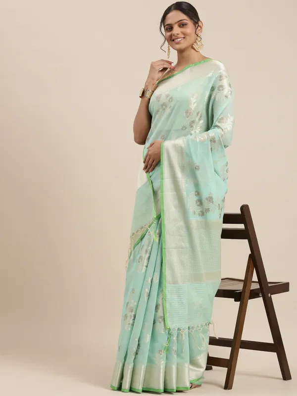 Sea_Green_Masrise_Cotton/Cotton_Banarasi_Sarees_For_Women