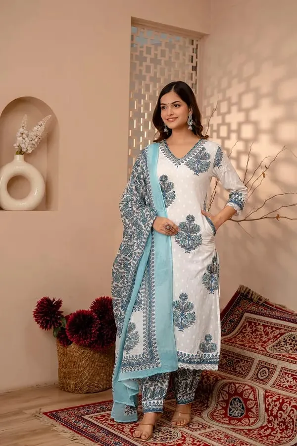 Blue_Regular_Cotton_Printed_Kurta_Pant_Dupatta_Set_For_Women