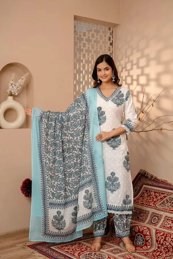 Blue_Regular_Cotton_Printed_Kurta_Pant_Dupatta_Set_For_Women