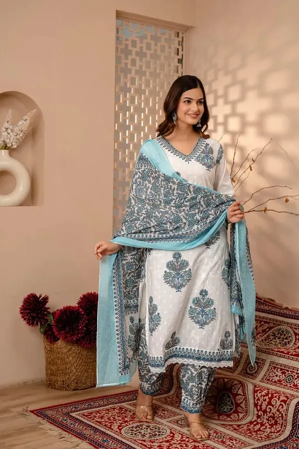 Blue_Regular_Cotton_Printed_Kurta_Pant_Dupatta_Set_For_Women