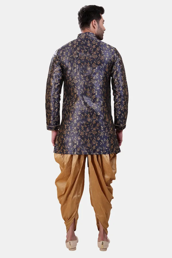 Floral_Print_Navy_Blue_Jacquard_Sherwani_With_Patiyala