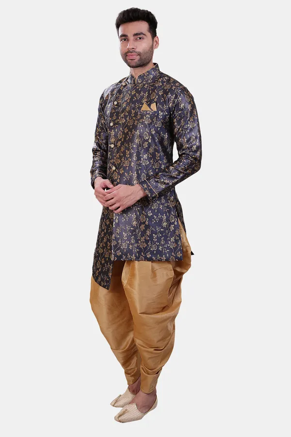 Floral_Print_Navy_Blue_Jacquard_Sherwani_With_Patiyala