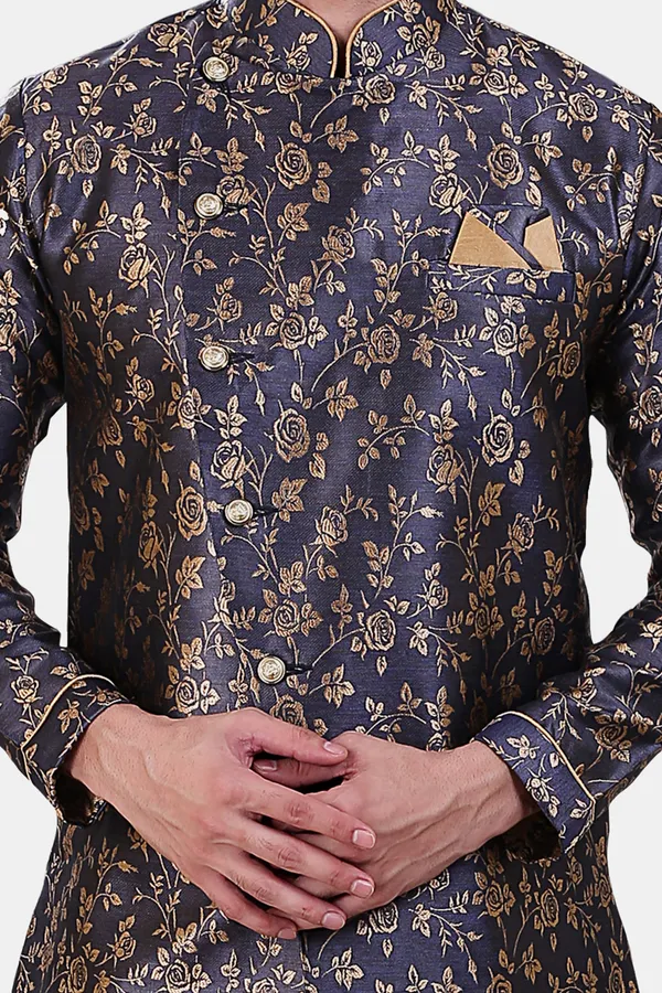 Floral_Print_Navy_Blue_Jacquard_Sherwani_With_Patiyala