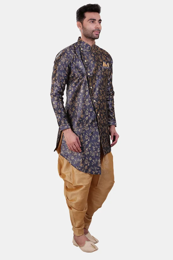 Floral_Print_Navy_Blue_Jacquard_Sherwani_With_Patiyala