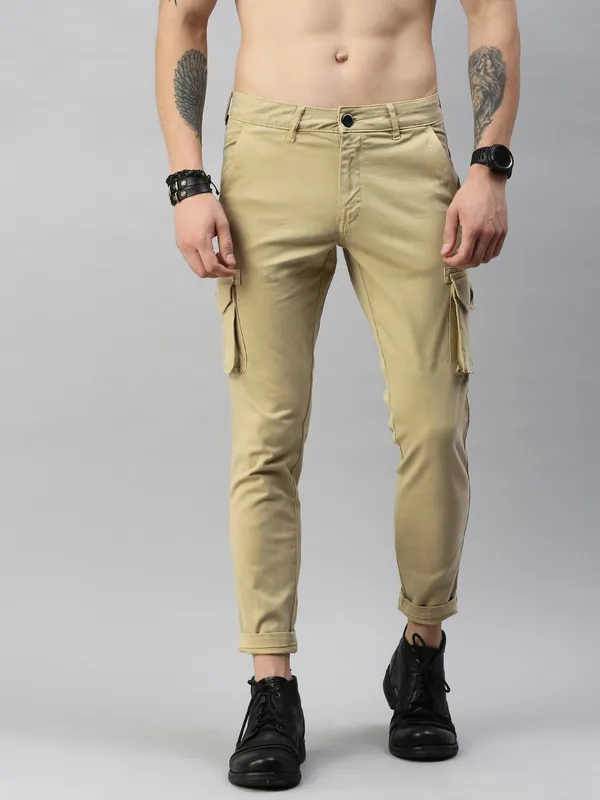 Cream_Cotton_Blend_Premium_Solid_Cargo_For_Men