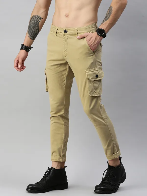 Cream_Cotton_Blend_Premium_Solid_Cargo_For_Men
