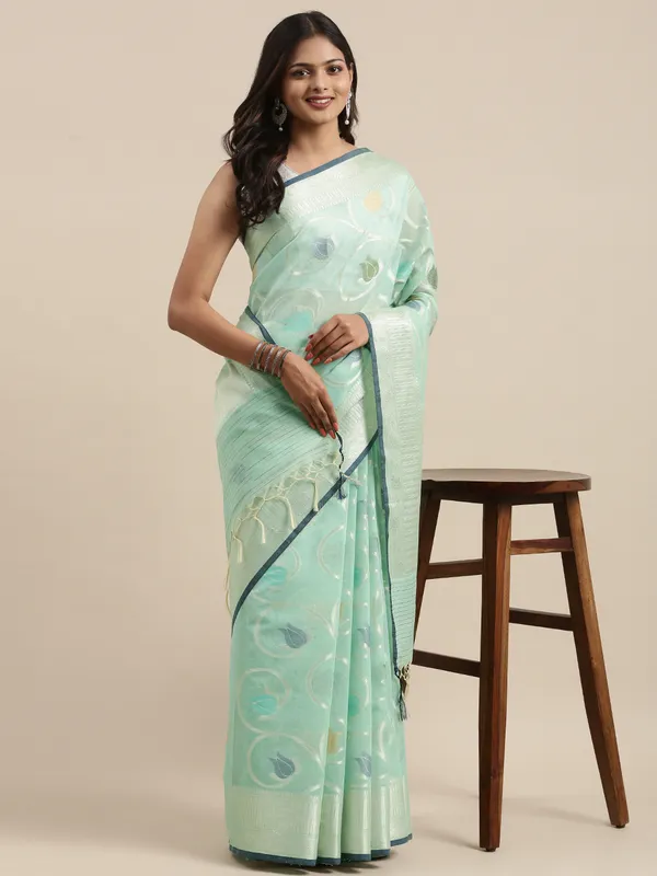 Sea_Green_Masrise_Cotton/Cotton_Banarasi_Sarees_For_Women