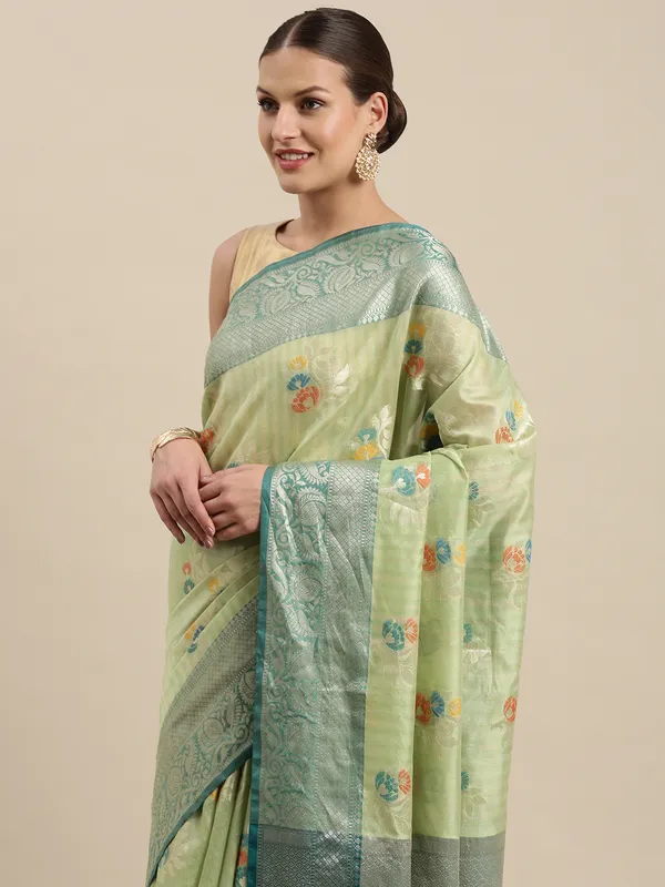 Light_Green_Mulberry_Silk/Silk_Blend_Banarasi_Sarees_For_Women