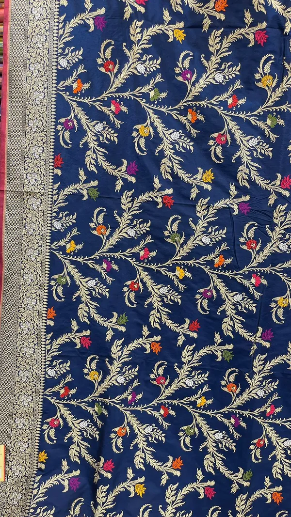 Humairah_Pure_Handloom_Navy_Blue_Katan_Silk_Kadhwa_Floral_Zari_Multi_Mina_Jaal_with_Kadhwa_Paisley_Mina_Pallu_Zari_Border_and_Navy_Blue_Stripe_Blouse