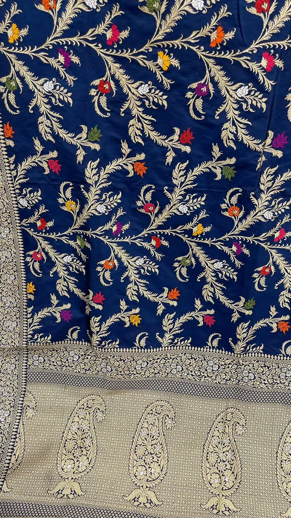 Humairah_Pure_Handloom_Navy_Blue_Katan_Silk_Kadhwa_Floral_Zari_Multi_Mina_Jaal_with_Kadhwa_Paisley_Mina_Pallu_Zari_Border_and_Navy_Blue_Stripe_Blouse
