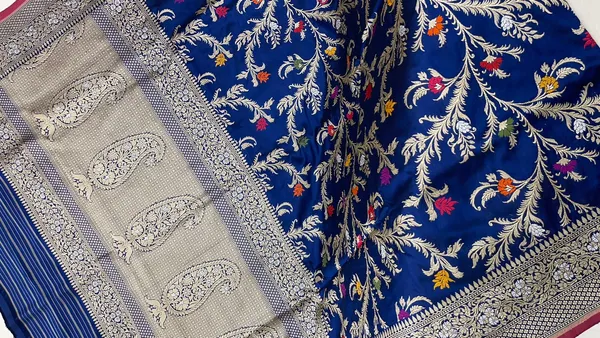Humairah_Pure_Handloom_Navy_Blue_Katan_Silk_Kadhwa_Floral_Zari_Multi_Mina_Jaal_with_Kadhwa_Paisley_Mina_Pallu_Zari_Border_and_Navy_Blue_Stripe_Blouse