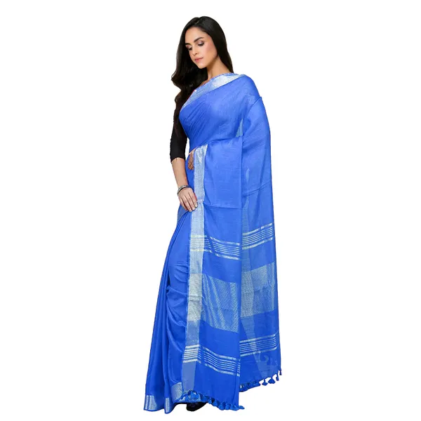 Blue_Bhagalpuri_women's_Handloom_Linen_Cotton_Ethnic_Wear_Saree_With_Running_Unstitched_Blouse_Piece