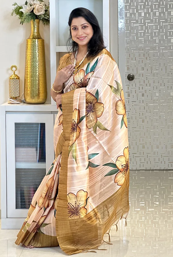 Kiran_Yellow_–_Sunbeam_Diwali_Special_|_Soft_Tussar_Silk_Saree_with_Print,_Border_&_Contrast_Print_Blouse_with_Tassels