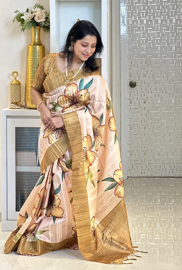 Kiran_Yellow_–_Sunbeam_Diwali_Special_|_Soft_Tussar_Silk_Saree_with_Print,_Border_&_Contrast_Print_Blouse_with_Tassels