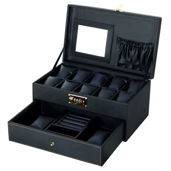 Watch_Box_Organizer_Holder_Jewelry_Accessories_Display_Storage_Case_Watch_Organiser_Collection_Box_10_Slots_And_Drawer_With_3_Digit_Combination_Lock_In_PU_Leather_For_Men_Women_Black_Color