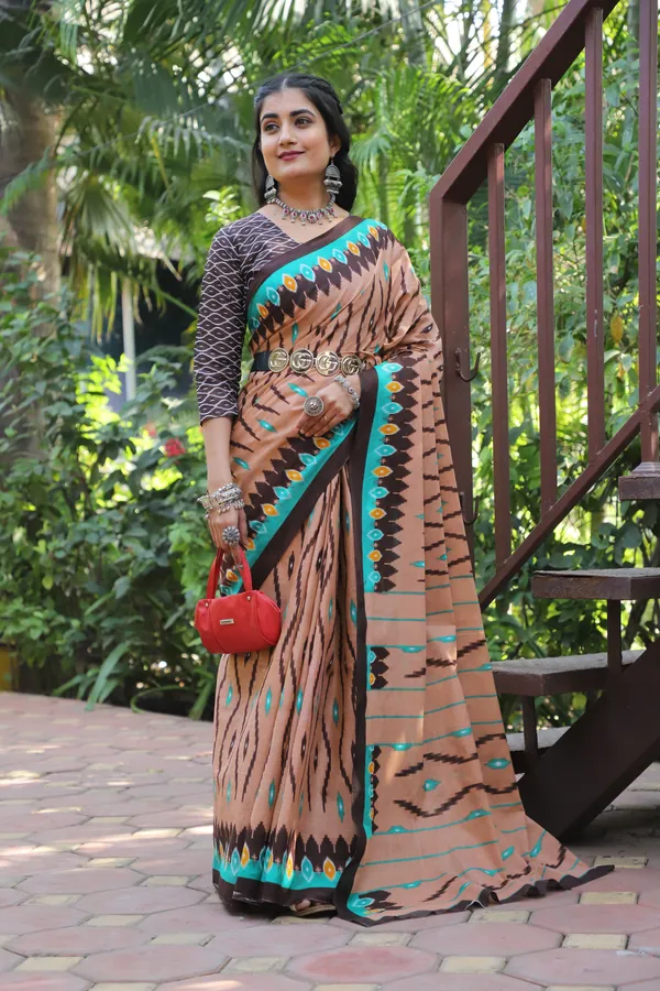 Ikkat_Hand_Block_Print_Print_Pure_Soft_Cotton_saree_With_Blouse_Piece