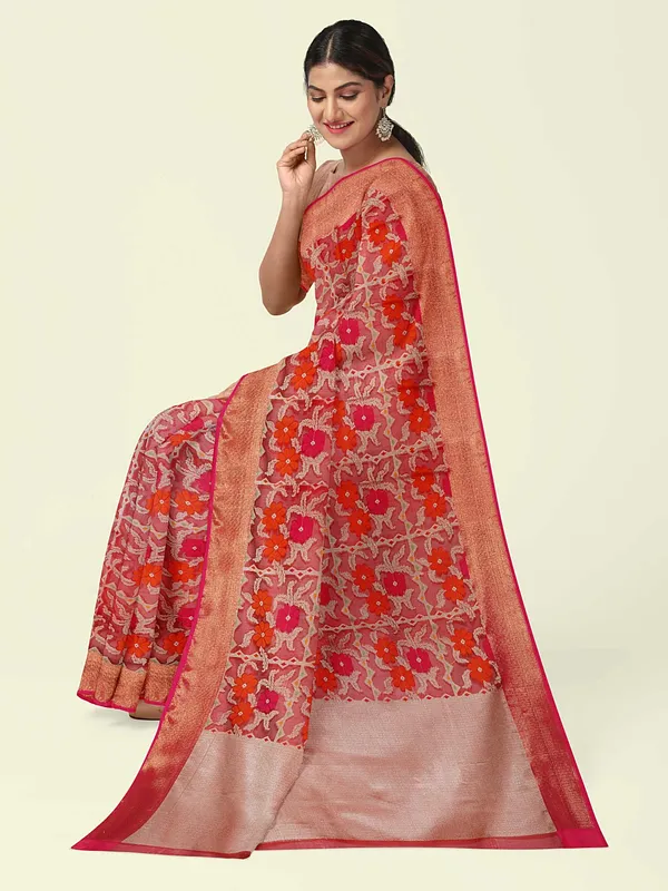 Red_Cotton_Blend_Banarasi_Sarees_For_Women