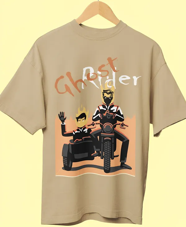 TOFFTEES_Premium_French_Terry_Fabric__(220_GSM)_Beige_Oversized_Ghost_Rider_Half_Sleeves_T-shirt_For__Men