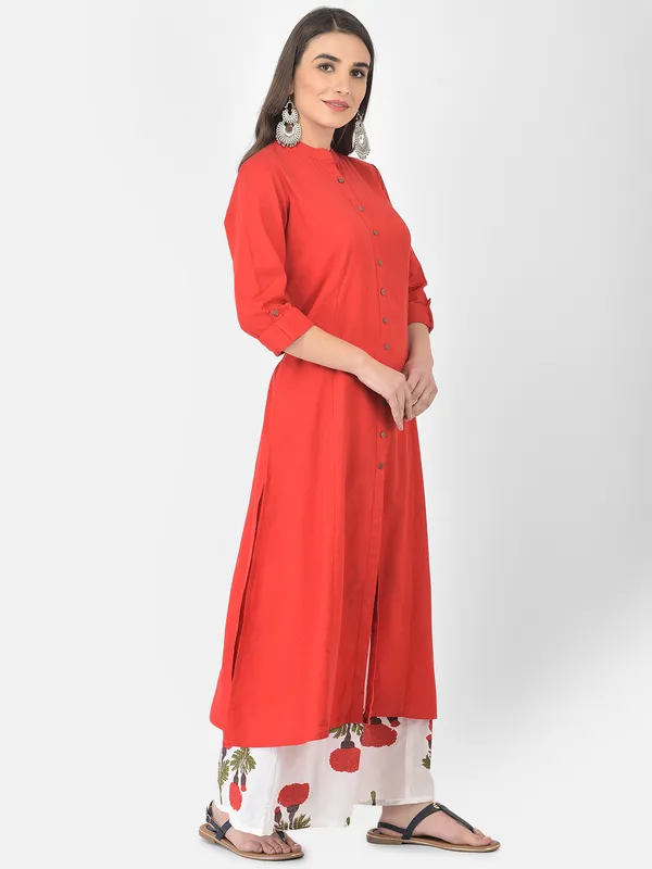 Red_Cotton_Solid_Kurta_With_Printed_Flair_Palazzo_Bottom_Set