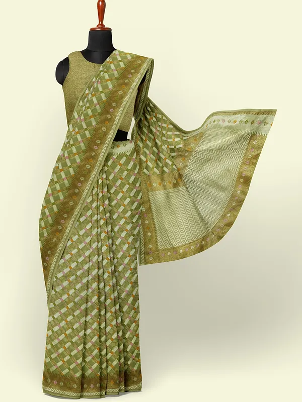 Green_Cotton_Blend_Banarasi_Sarees_For_Women