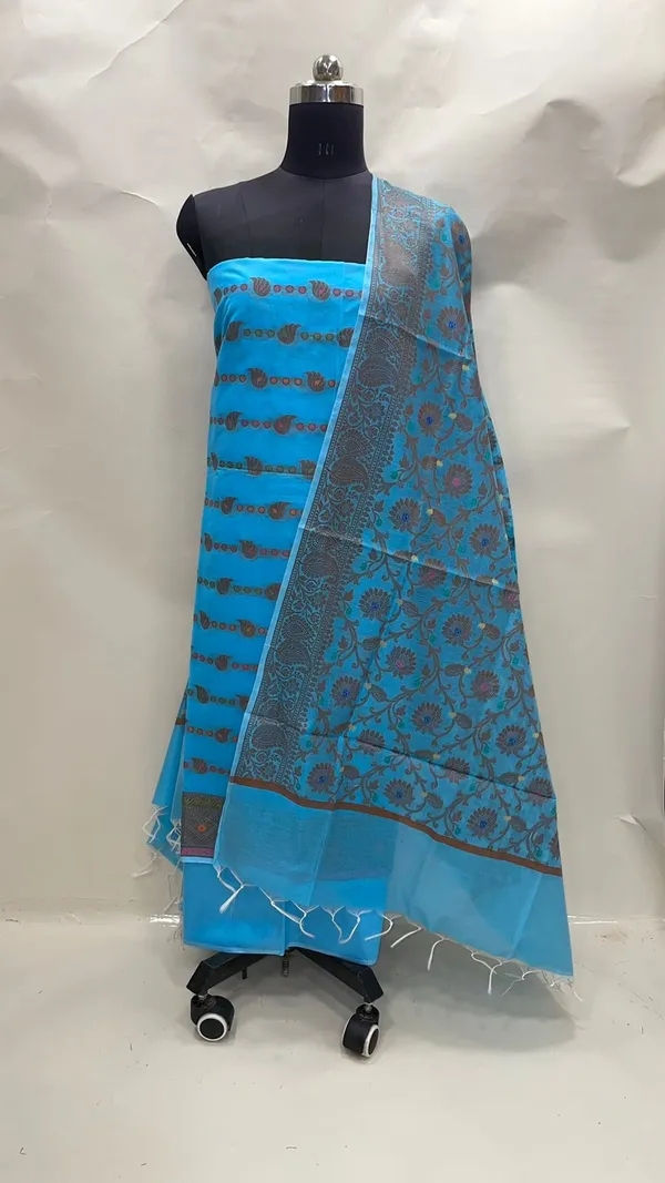Humairah_Present_Sky_Blue_Cotton_Resham_Copper_Zari_3pcs_Suit_Set_accompanied_with_Plain_Bottom_and_Top_Copper_Zari_Cotton_Small_Booti_Stripe_with_Sky_Blue_Mina_Jaal_Dupatta