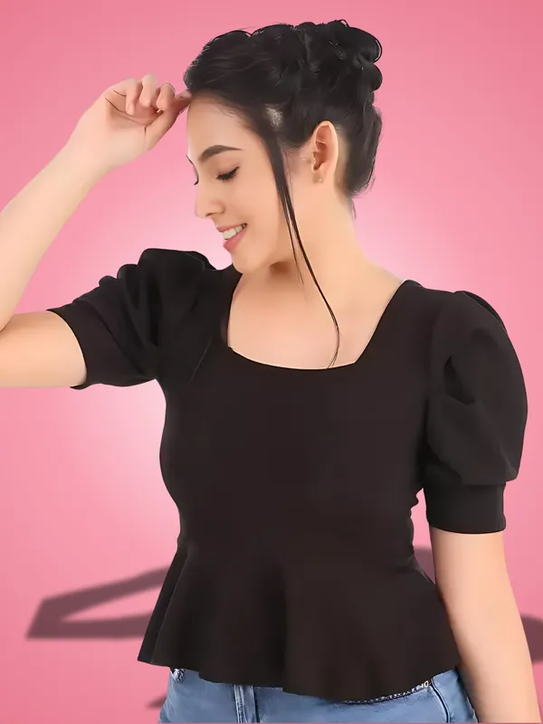 Women_&_Girls_Black_Polyester_Party_Wear_Solid_Puff_Sleeve_Western_Tops