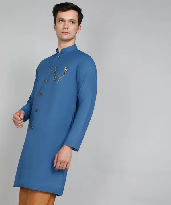 Solid_Peacock_Blue_Cotton_Blend_Nawabi_With_Paijama