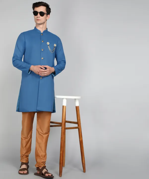 Solid_Peacock_Blue_Cotton_Blend_Nawabi_With_Paijama