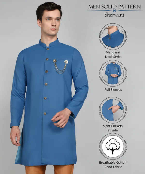 Solid_Peacock_Blue_Cotton_Blend_Nawabi_With_Paijama