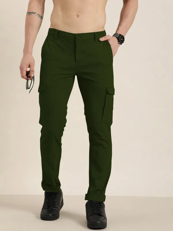 Dark_Green_Cotton_Blend_Solid_Mens_Cargo
