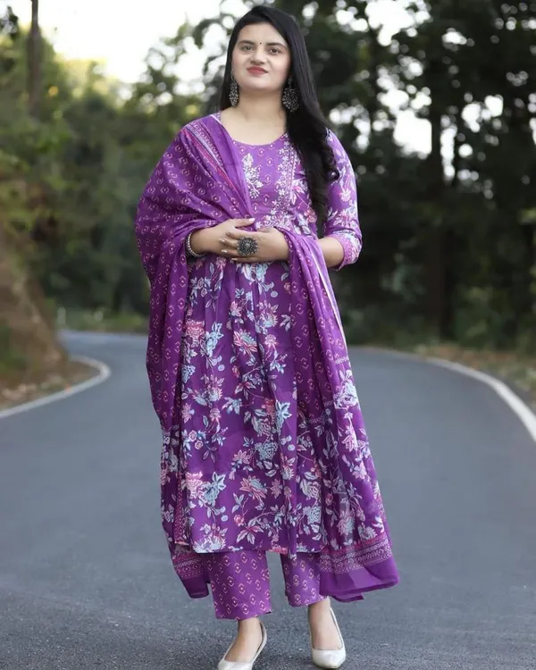 Purple_Cotton_Printed_Anarkali_Kurta_&_Bottom_with_Dupatta_Set