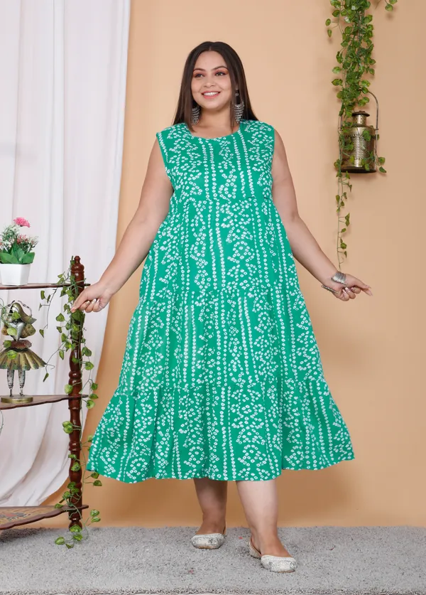 Turquoise_Bandhej_Printed_Cotton_Anarkali_Ankle_Length_Plus_Size_Kurta/Gown__With_Jacket