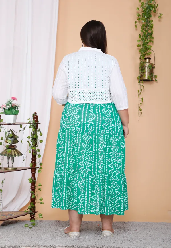 Turquoise_Bandhej_Printed_Cotton_Anarkali_Ankle_Length_Plus_Size_Kurta/Gown__With_Jacket
