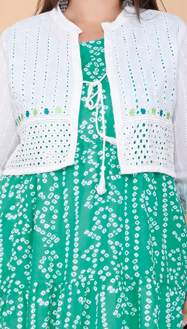 Turquoise_Bandhej_Printed_Cotton_Anarkali_Ankle_Length_Plus_Size_Kurta/Gown__With_Jacket