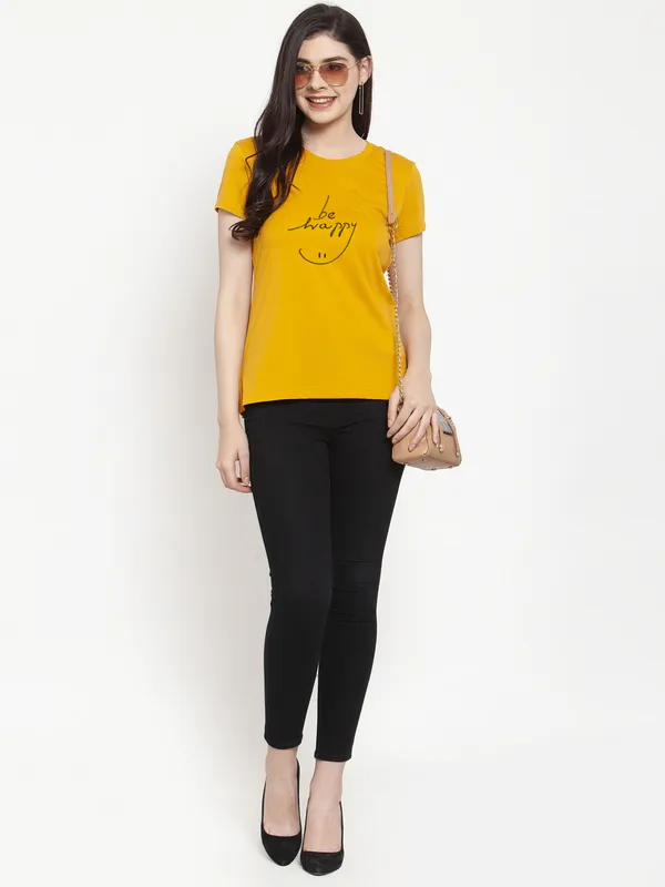 Mustard_Cotton_Be_Happy_Print_Round_Neck_T-Shirt_For_Women